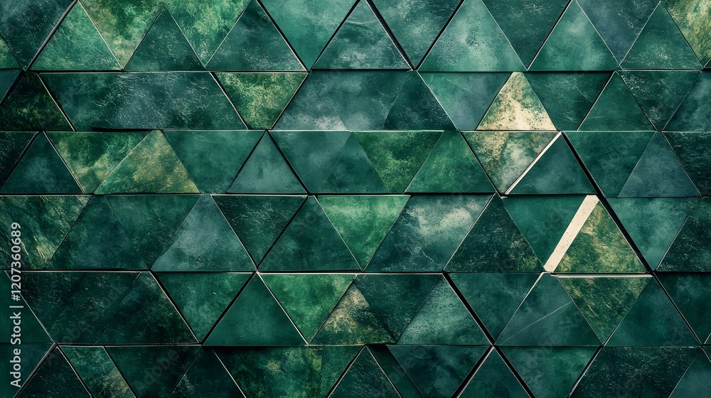 Poster Green triangular tiles create a geometric pattern wall