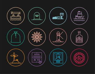 Set line Pirate coin, Alcohol drink Rum bottle, Treasure and riches, Ship steering wheel, sack, Boat with oars, Lighthouse and Tombstone RIP written icon. Vector