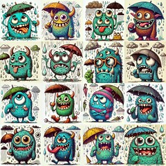 Fototapeta premium Cartoon monsters in rainy weather. AI generated illustration