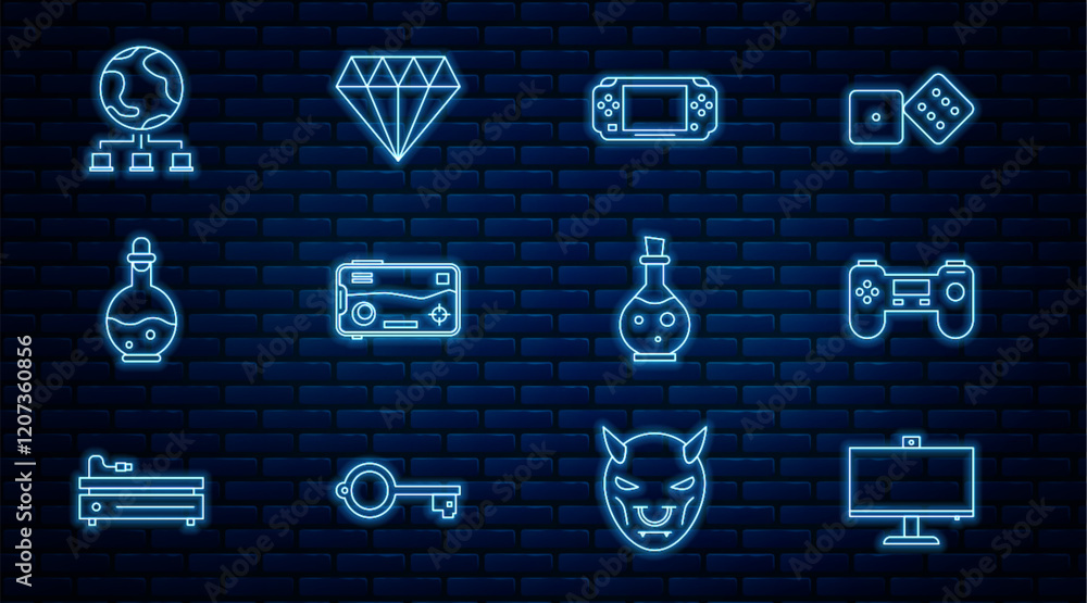 Poster set line computer monitor, gamepad, portable video game console, mobile and playing in, bottle with 