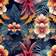 Fototapeta premium Vivid Tropical Floral Print Featuring Exotic Blooms and Lush Foliage