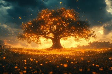 Glowing Tree in a Magical Field at Sunset, Fantasy Landscape, Digital Art