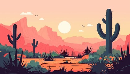 Serene Sunset Desert Landscape With Cacti And Mountains