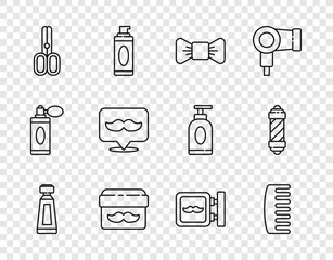 Set line Cream or lotion cosmetic tube, Hairbrush, Bow tie, jar, Scissors hairdresser, Barbershop, and Classic pole icon. Vector