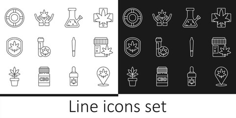 Set line Location and marijuana, Medical bottle with, Glass bong for smoking cannabis, Chemical test tube, Shield leaf, Ashtray, Marijuana joint and icon. Vector