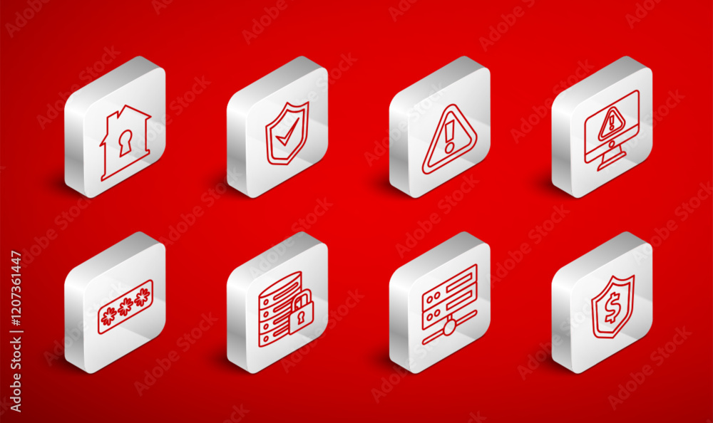 Poster set line shield with dollar, check mark, exclamation in triangle, monitor exclamation, server, data,