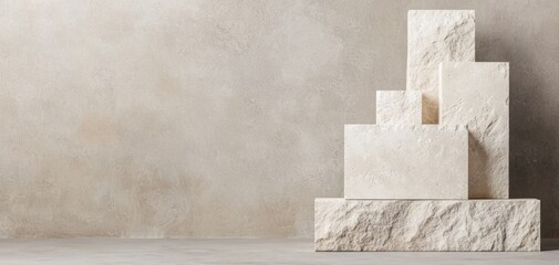Minimalist composition of textured white stone blocks in various sizes, arranged on a clean gray background for a natural and modern look