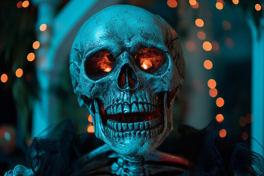 Halloween Skeleton With Glowing Eyes in a Dramatic Setting