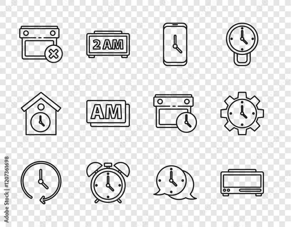 Poster set line clock, digital alarm clock, alarm app mobile, calendar date delete, am, speech bubble and t