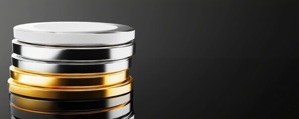 Modern 3D rendering of metallic gold and silver coins in a balanced stack, placed on a reflective black platform for a luxurious aesthetic