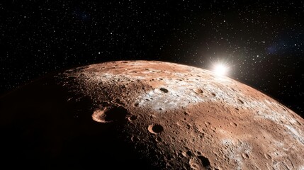 Naklejka premium Stunning Planet Surface Space Exploration Cosmic Sunrise Cratered Landscape Celestial