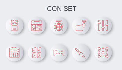 Set line Stereo speaker, Sound mixer controller, Disco ball, Audio jack, Air headphones in box, Home stereo with speakers, Music file document and synthesizer icon. Vector