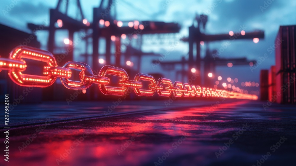 Aufkleber blockchain supply chain visualization on a logistics hub backdrop, emphasizing tracking systems and 