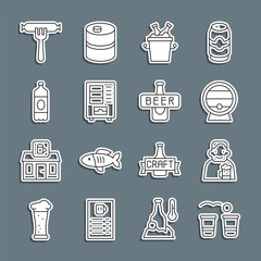 Set line Beer pong game, Happy man with beer, Wooden barrel rack, bottles in ice bucket, Vending machine, Plastic, Sausage the fork and icon. Vector