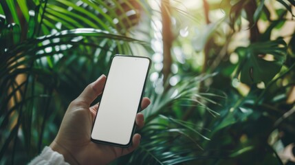 A person's hand holding a smartphone with a white screen