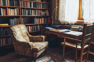 Cozy Study Room with Bookshelves and Vintage Chair