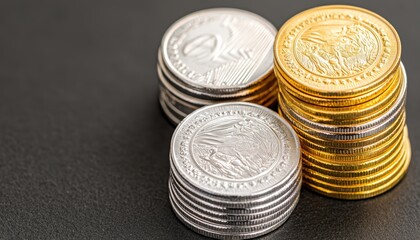 Polished stack of gold and silver coins arranged on a sleek black surface, symbolizing wealth accumulation and financial stability