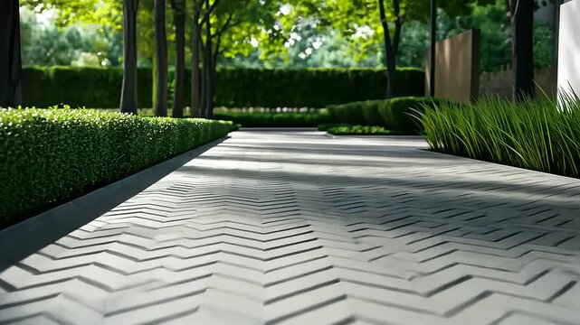 Smooth concrete pavers arranged in a herringbone pattern, displayed outdoors in a landscaped garden setting.