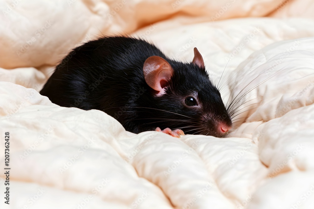 Poster black rat resting on soft bedding in calm setting