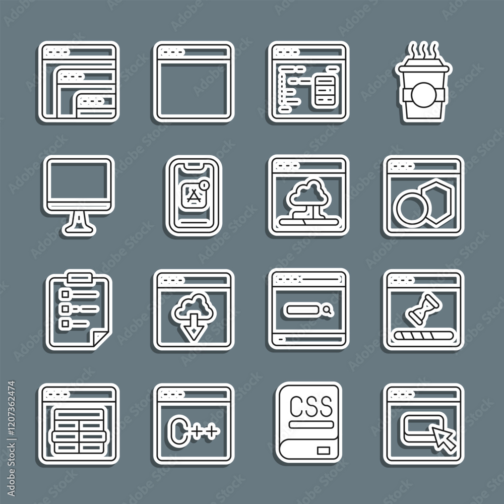 Poster set line browser files, loading data window, software, mobile apps, computer monitor screen, and clo