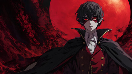 male vampire anime character with red moon background