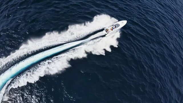 Sleek white speedboat racing across deep navy waters, carving dramatic white wake while zooming at high velocity, viewed from aerial perspective in cinematic slow motion