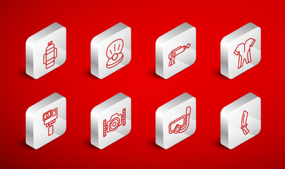 Set line Diving knife, Pearl, Fishing harpoon, Wetsuit for scuba diving, mask with snorkel, Aqualung, Photo camera diver and Action extreme icon. Vector