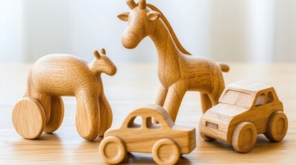 Wooden toys giraffe, cars, and bear on table.