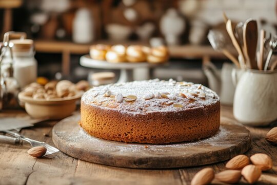 Delightful cozy kitchen scene featuring freshly baked almond beba cake rustic wooden table warm atmosphere culinary artistry for baking enthusiasts