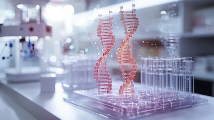 A captivating close-up of a DNA double helix model surrounded by laboratory equipment and scientific elements showcasing biochemistry.