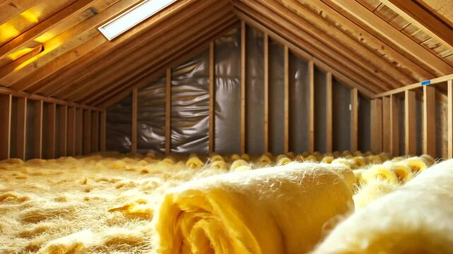 The golden texture of mineral wool insulation stands out within a wooden house frame under construction, a symbol of energy efficiency and sustainability.