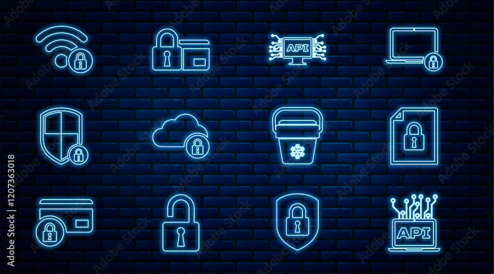 Fototapete Set line Computer api interface, Document and lock, Cloud computing, Shield security with, Wifi locked, Cooler bag and Credit card icon. Vector