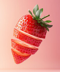 strawberry sliced into even layers with on pastel