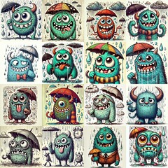 Fototapeta premium Cartoon monsters in rainy weather. AI generated illustration