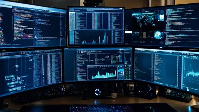 Advanced cybersecurity workstation with multiple monitors displaying code and data analysis