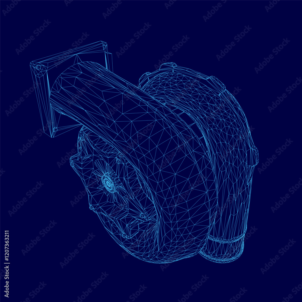 Poster blue image of a turbo with a mesh texture. the image is a computer generated rendering of a turbo