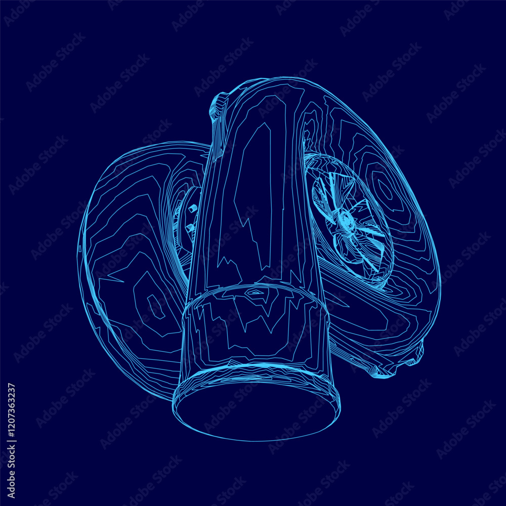 Poster blue image of a car engine with a blue background. the engine is shown in a 3d rendering, with a blu