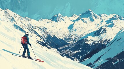 Vintage style poster of a retro ski resort with snow-capped mountains, vintage ski equipment and cool blue colors and skiers playing.