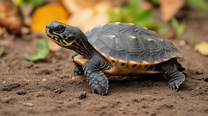 Obraz premium A tortoise exploring a garden environment with vibrant foliage in the background, showcasing nature