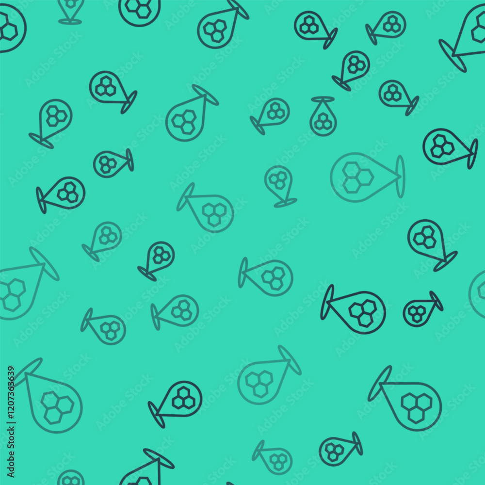 Poster black line honeycomb bee location map pin pointer icon isolated seamless pattern on green background