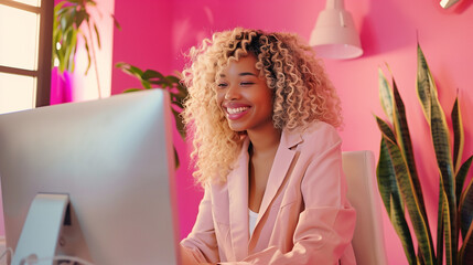 Happy young creative woman working remotely on a virtual video team meeting call, remote work, flexible culture concept. Inclusive & diverse dei workplace with a blasian african american businesswoman