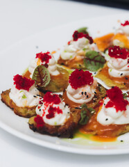 Catering table, beautifully decorated banquet with variety different food snacks appetizers on christmas corporate birthday party event or wedding celebration, canape, salad, delicatessen setting