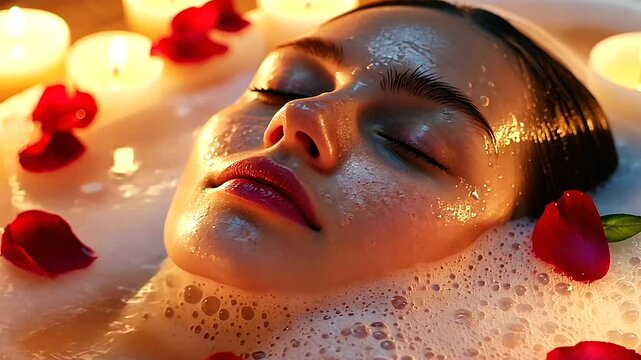 A woman with closed eyes enjoying the relaxing scent of aromatherapy oils while soaking in a bathtub filled with pink and red rose petals