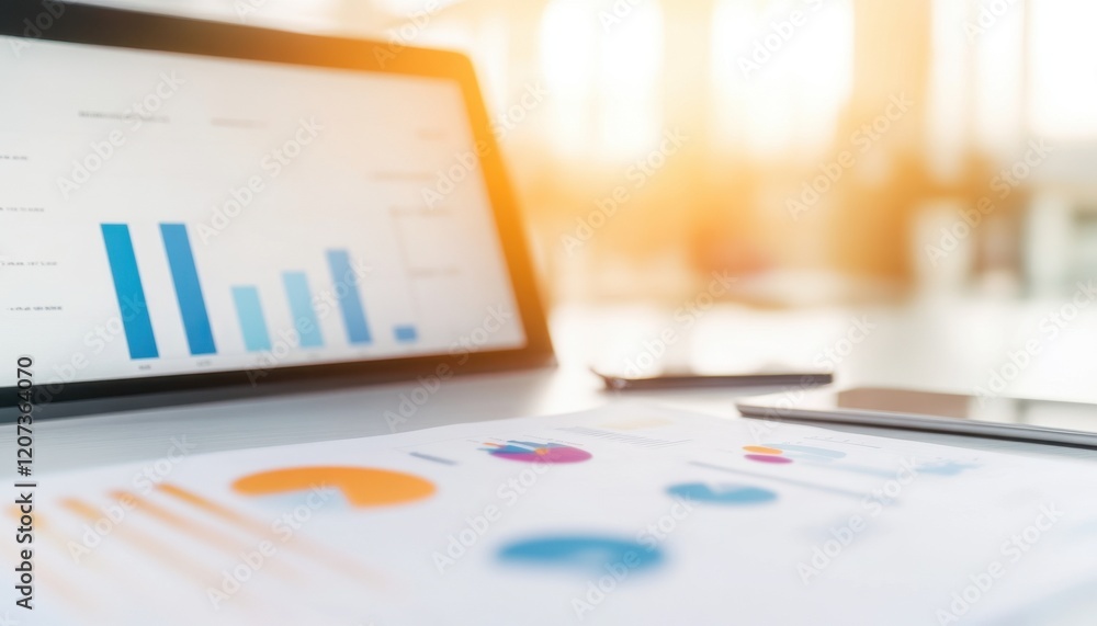 Poster analyzing business data with charts and graphs on a laptop