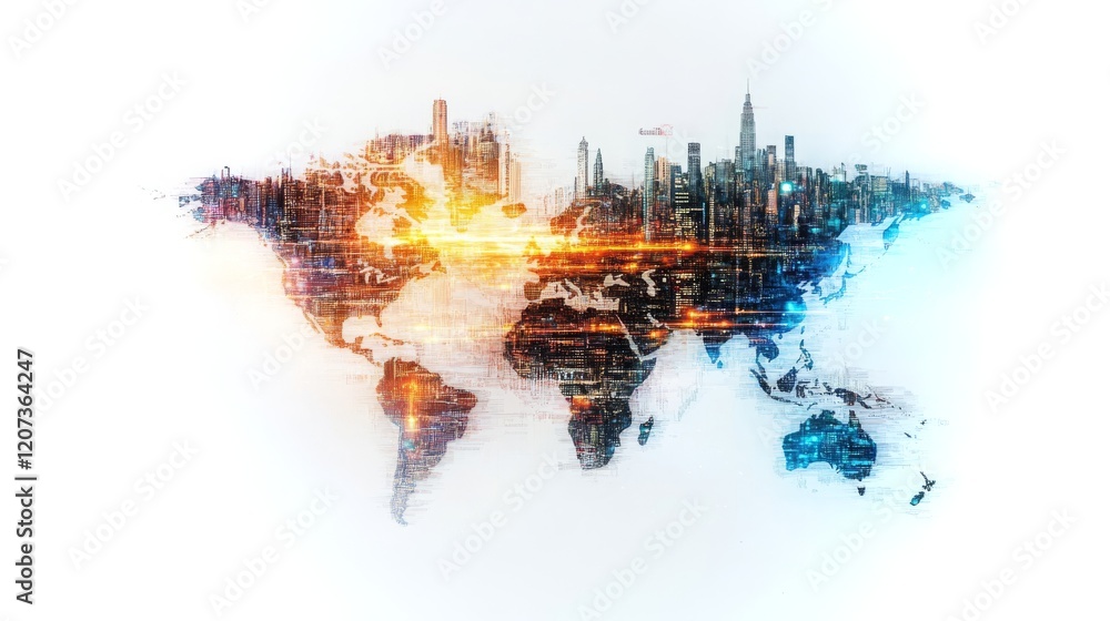 Poster digital representation of a global ledger highlighting interconnected data across cities