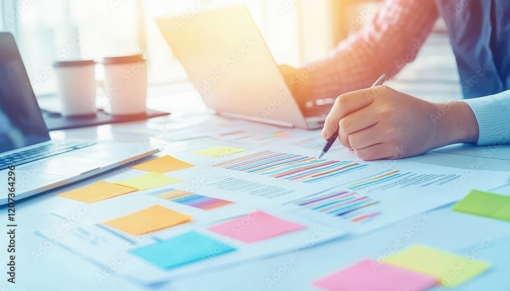 Poster businessperson reviewing data charts and graphs at desk