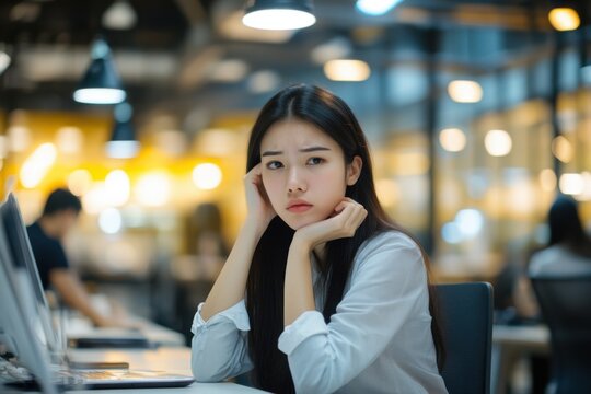 Stressed and tired young Asian businesswoman feels headache while working overtime at bright office