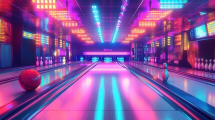Vintage-style poster of a retro bowling alley with bowling pins, neon lights, and vibrant colors.