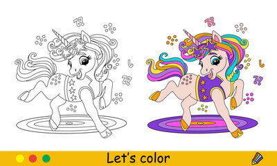 Cute musical unicorn coloring page vector illustration © alinart