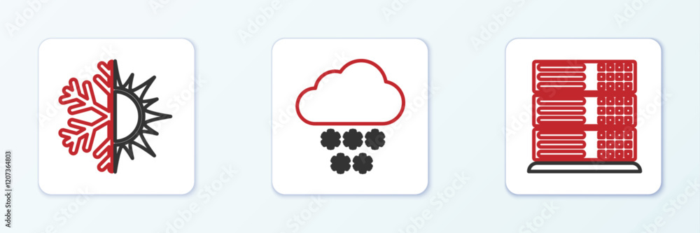 Poster set line server, data, web hosting, sun and snowflake and cloud with icon. vector